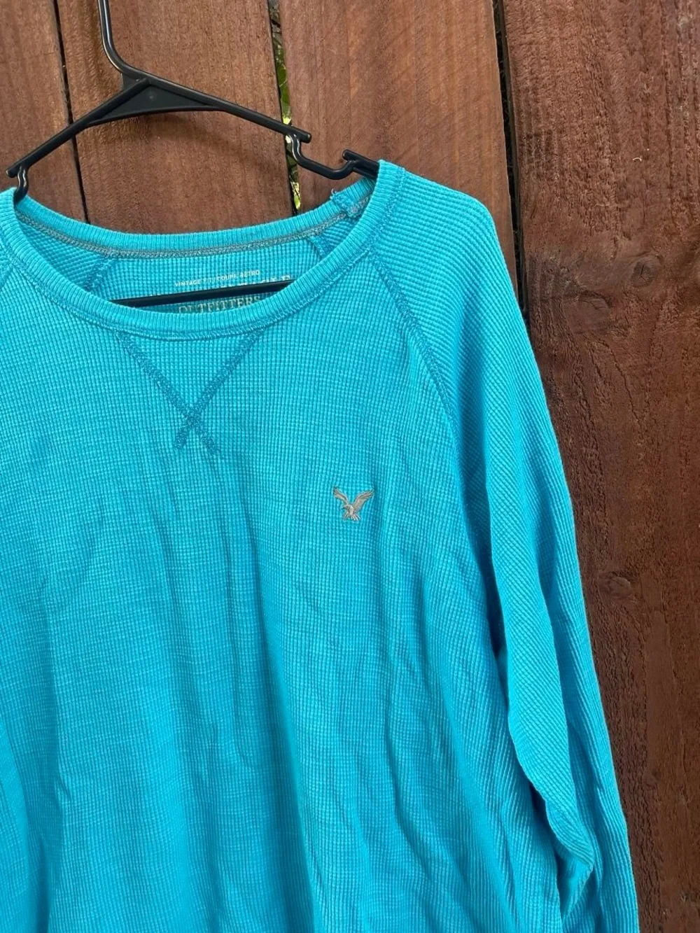 American Eagle Men’s Y2k Blue Long Sleeve Cotton Waffle Knit Shirt Sz L